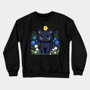 Black Cat With Yellow Bird in Flower Garden Crewneck Sweatshirt